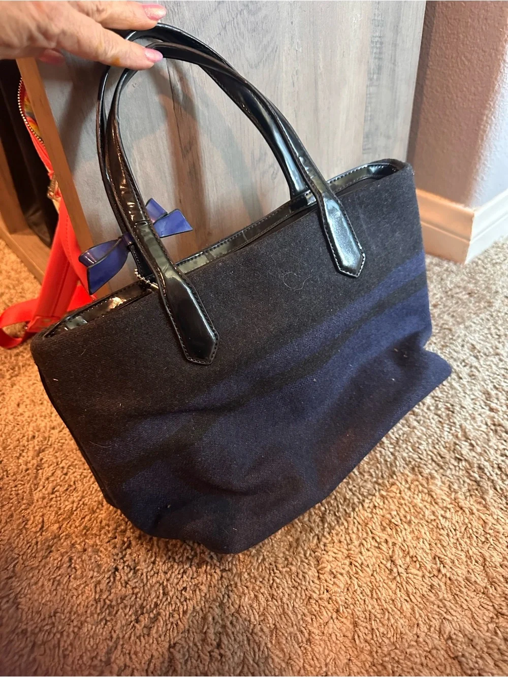 Coach Navy and Black Striped Tote with Leather Handles and Bow Accent